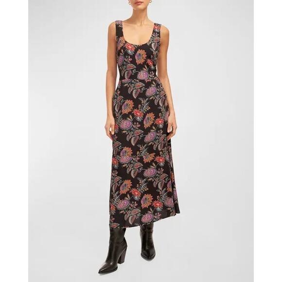 Equipment Everett Black Floral Print Sleeveless Scoop Maxi Dress Size 8